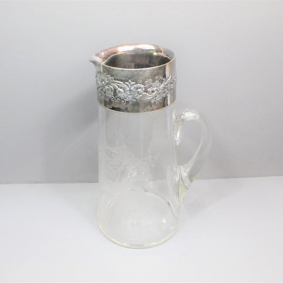 Vintage Crystal Pitcher w/Floral Silver Plate Rim